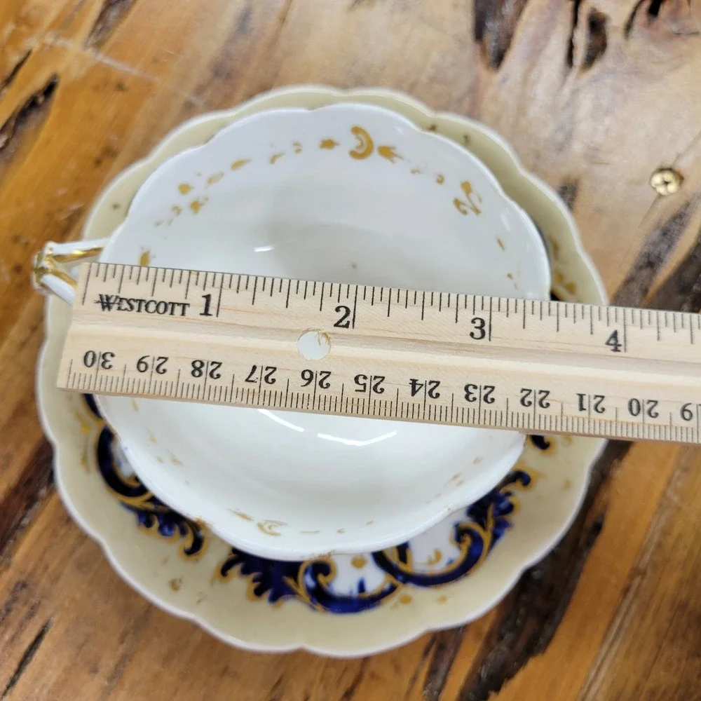 Antique John‎ Ridgway Tea Cup Saucer Cauldon Place Foliage Blue Gilding Acanthus